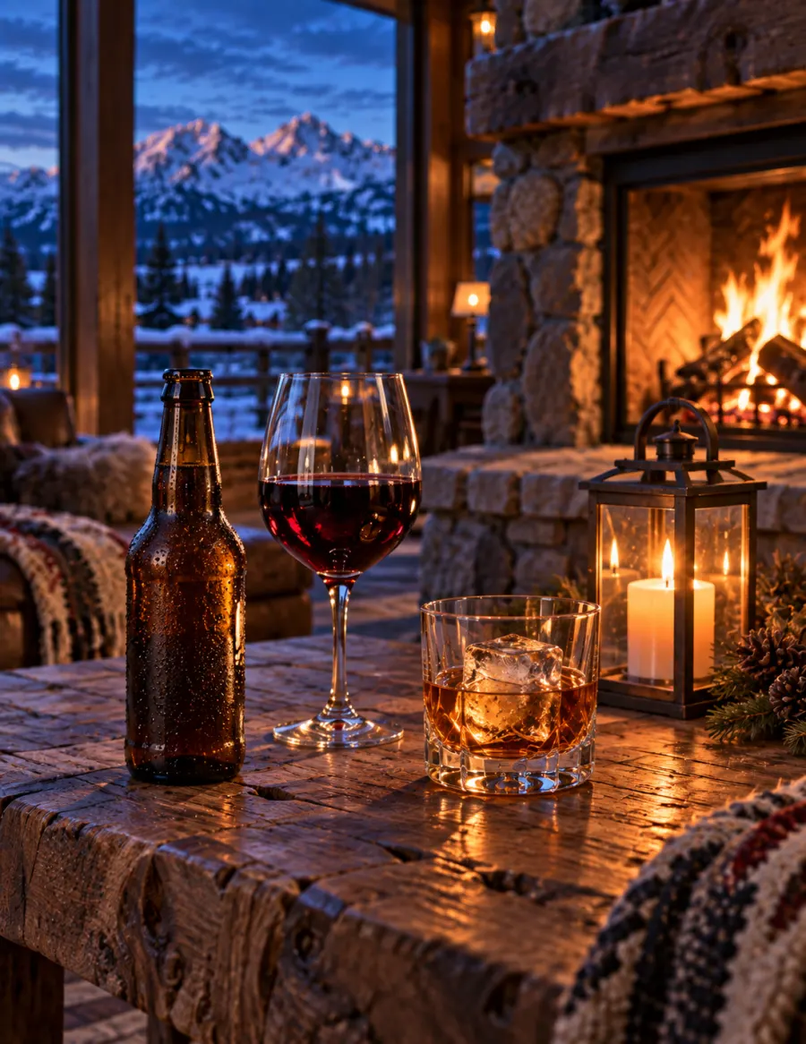 Craft beer, red wine and a whiskey on a timber table beside a roaring stone fireplace.