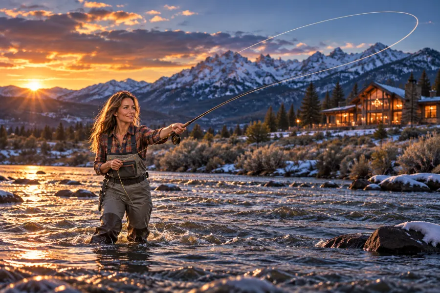 A woman in waders fly fishing a clear Wyoming river at golden hour, her line looping through the air.