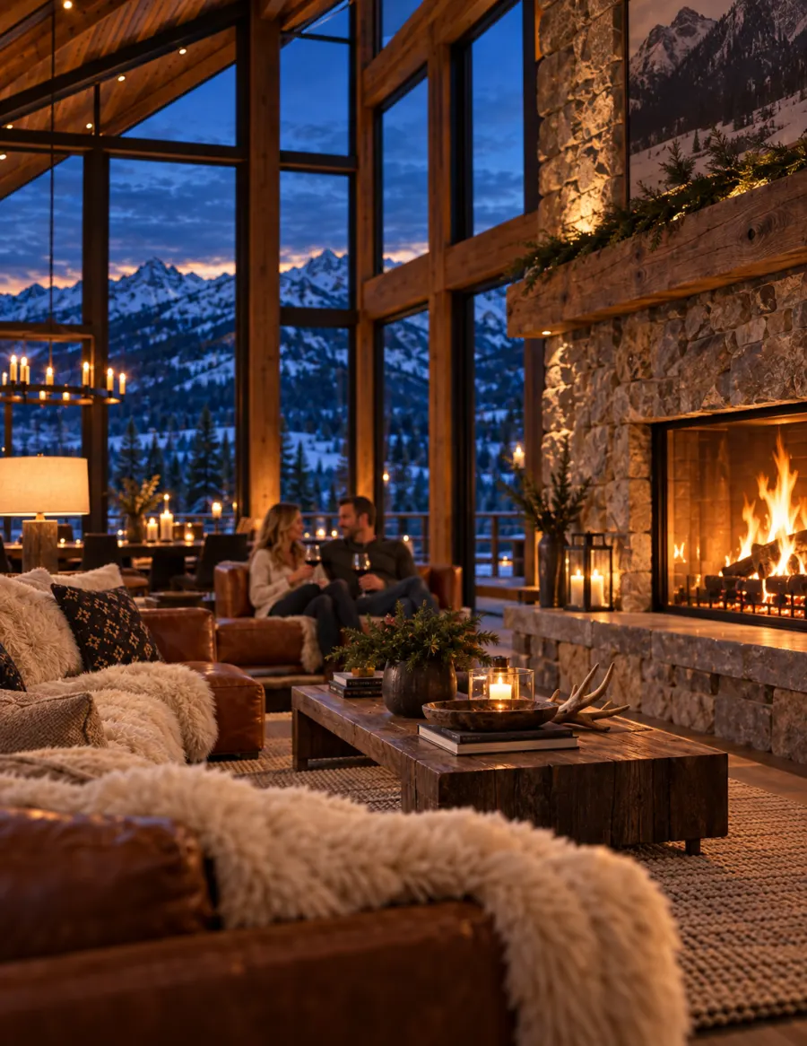 A double-height lodge great room at night, a fire roaring in a stone hearth, sheepskin throws on leather sofas and snowy peaks through the glass.