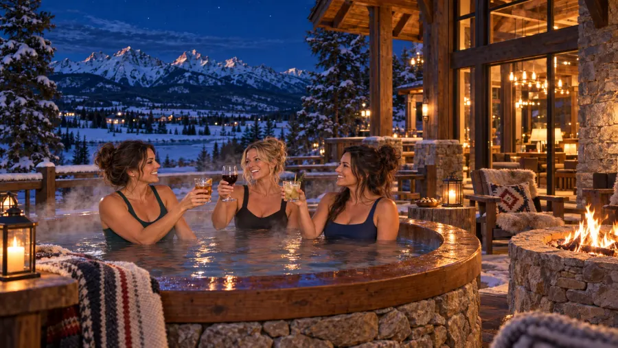 Friends laughing with drinks raised in a steaming cedar hot tub at night, lanterns and a fire pit glowing nearby.