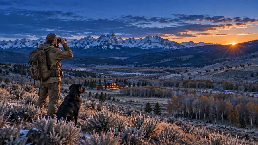 A hunter glassing sagebrush foothills at first light with a black Labrador at his side and elk on the far slope.