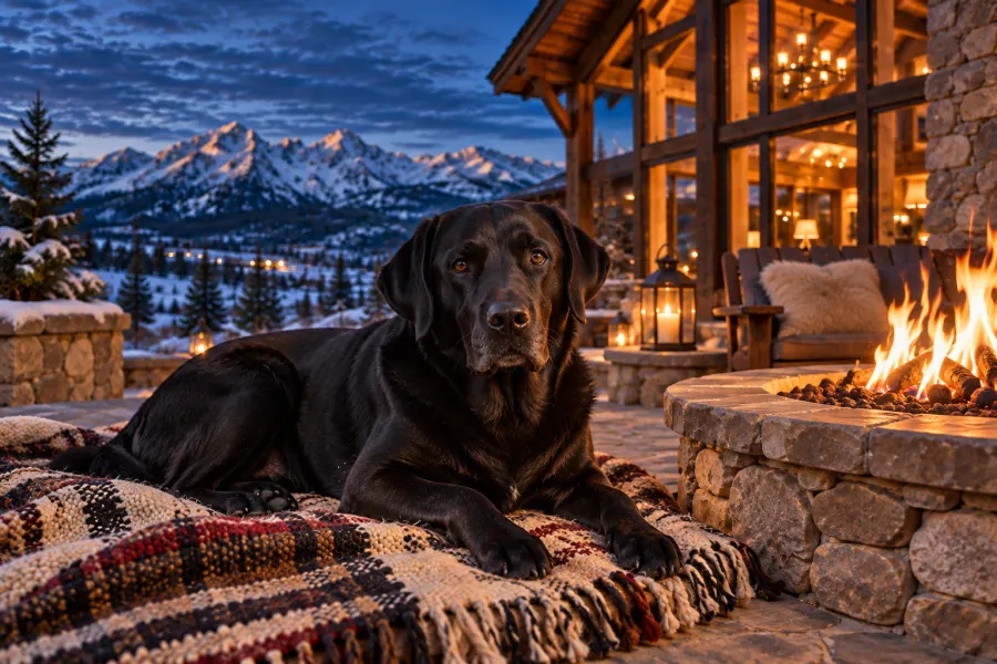 A black Labrador resting on a wool blanket beside the fire pit, lodge windows glowing behind.