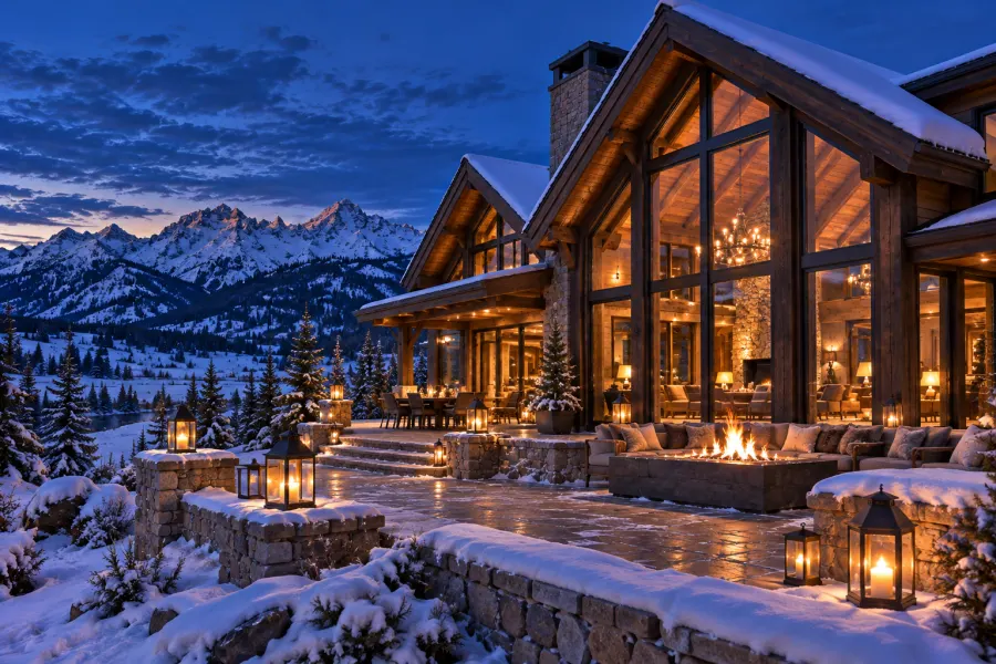 A modern Nordic lodge with tall black-framed glass walls glowing amber after fresh snow, lanterns lining a stone terrace.